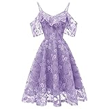 Women Vintage Lace Ruffle Dress Cold Shoulder Spaghetti-Strap Sleeveless V-Neck A-line Skater Swing Dresses for Bridesmaid Wedding Guest Cocktail Party Prom Evening Mid-Long Dresses UK Clearance