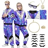 Raveparty Shell Suit 80s Fancy Dress Men Women Couples Fancy Dress Uk 80s Workout Costume with Sunglasses Necklace Dollar Ring Fake Beard for Carnival Halloween Disco Party (B, XL)