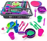 Kids Role Play Toy Set Kitchen Accessories Dish Washing Drainer 27 Pieces for Play Kitchen, Pots and Pans Plates Cutlery Playset