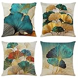 NIULAA Set of 4 Cushion Covers 45cm x 45cm Modern Gold and Teal Leaves Decorative Throw Pillow Cases Ginkgo Home Decor Square Cushion Covers 18x18 Inches