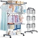 PurKeep Thicken & Durable Clothes Airer, Extra Large 4-Tier Capacity Foldable Clothes Drying Rack with Wheels, Stainless Steel Clothes Horse for Indoor/Outdoor Use in Bedroom, Laundry Room