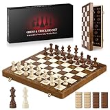 40.5×40.5cm Magnetic Chess Set, Large Wooden Chess Board with Wooden Staunton Pieces & Checkers, Folding Travel Board Games with 2 Bonus Queens, Gift for Kids & Adults