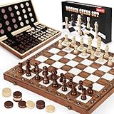 Perbabe Chess Set And Checkers 2 In 1, 16"X16" Wooden Chess Board Game For Kids Adults Travel Chess Set Can Foldable Chess With 2 Extral Queen Gifts For Boys Girls, Birthday, Thanksgiving, Christmas