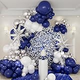Navy Blue and Silver Balloon Garland Arch Kit,146pcs Royal Blue Metallic Silver White Balloons with Silver Exploding Star Foil Balloons for Graduation Birthday Wedding Party Decorations