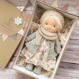 Handmade Waldorf Cute Christmas Doll, 30cm Cotton Waldorf Gift for Girls' Christening, Baby Shower Present with Clothes and Curly Hair