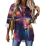 Highland Cow in G-alaxy Women's Long Sleeve Shirts Printed Irregular Hem Blouses Casual Button Down Tops