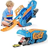 SHAWE Dinosaur Transporter Truck Toys for Boys Age 3-8, Foldable Sliding Race Track Toy with 6 Racing Cars, Swallowing Action, Transformable Carrier Truck Car Toy Gifts for Kids 3 4 5 6 Years Old
