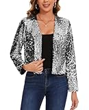 LADI TREND Ladies Sequin Cardigans Cropped Long Sleeves Shrugs Bolero Open Front Top Fully Lined Sweater for Show Parties Glee Feast Cocktail (Sliver M)