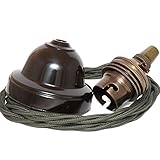 Repaireum Ltd. Ceiling Pendant Kit incl. New Solid Bakelite Brown Ceiling Cup, Antique Brass B22 Lampholder with Khaki Green Twisted Flex