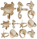 12 Pack Antique Gold Napkin Rings - 6 Styles Nautical Napkin Rings Sea Animals Theme - Lightweight Metal Napkin Ring Metallic Adornment for Dining, Home Décor, Gifting, Wedding, Party - CLEENTABLE
