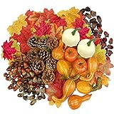 HBell 172pcs Thanksgiving and Halloween Artificial Pumpkins Set - Mini Fake Pumpkins, Pine Cones, Maple Leaves, Acorns - Autumn Decor for Fall, Christmas, Wedding, Home, Table