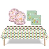 Easter Party Tableware Set 37pcs Easter Themed Party Paper Plates Napkins Tablecloth Easter Party Supplies,Colourful Easter Egg and Rabbit Table Decorations Easter Party Pack Bundle Dinner Dessert