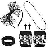 80s Fancy Dress for Women, 16-Piece Black 80s Accessories Set for Women, Madonna Fancy Dress Style, Retro Party Necklace Bracelet Earrings Gloves Headband, 80's Themed Costume for Halloween