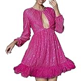 CRITOR Women's Sequin Feather Hem Dress Womens Hollow Neck Sequins Short Dress Sparkly Wedding Party Short Dress