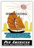 Hong Kong - Chinese Junk Ship and Pagoda Temples - Pan American World Airways - Vintage Airline Travel Poster by Aaron Amspoker c.1960 - Master Art Print 10in x 14in