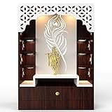 Devyom Wooden Large Pooja Mandir For Home And Office With LED Lights/Designer Brown Temple With White Jali Carving/Mandir With Cabinets For Storage