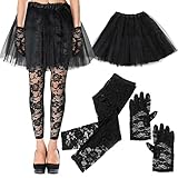 Boyiee 3 Pcs Halloween 80s Black Tutu Skirts for Women Fancy Dress for Women Costumes with Tutu Skirt Lace Gloves and Lace Leggings 80s Adult Costume Outfits for Cosplay Party