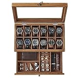 SONGMICS Watch Box with 12 Slots, 2-Tier Wood Watch Case with Large Glass Lid, Watch Pillows, Velvet Lining, Jewellery Box, Gift for Loved Ones, Rustic Walnut JOW012K01