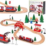 Tippi Wooden Train Set - 44 Piece Train Track With Battery Powered Train - Wooden Toys For 2-5 Year Old Boys - Kids First Train Set