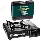 GREEN HAVEN Portable Camping Stove with Cary Case - Premium Camping Gas Stove, EN417 Compliant, Portable Gas Stove with Automatic Ignition & Heat Control, Black
