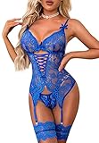 EVELIFE Women's Lingerie Sets Sexy Lace Bodysuit with Thigh Cuffs Underwear Teddy Babydolls with Thigh Garter No Stockings (Royal blue,S)