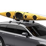 Thule Compass Kayak and SUP roof rack - Carries 2 kayaks or 2 SUPs - J-style carrier - Universal mounting hardware included - Fits 36" wide kayaks and SUPs - 130lb weight limit