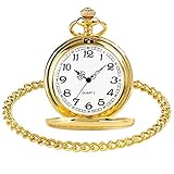 Smooth Vintage Steel Quartz Pocket Watch Classic Fob Pocket Watch with Short Chain for Men Women - Gift for Birthday Anniversary Day Christmas Fathers Day (Gold)