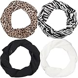 Burwells Set of 4 Ladies Magnetic Fastening Neck Scarves – Stylish Silky Smooth Neck Concealer Scarf Clothing Outfit Accessories in Black, White, Leopard & Zebra Animal Prints – Each 51cm Long