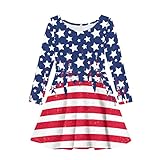 Allcute Blue Patriotic American Flag Print Long Sleeve T Shirt Dress for Big Girls 11-12 Cute Fancy School Holiday Party Dance A Line Twirly Skater Dress Winter Fall