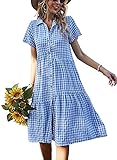 Lazutom Women's Summer Beach Dress Midi Long Gingham Dress Button Down Shirt Dress (14, Blue)