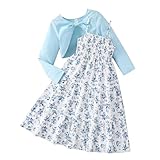 Girls' Outfits & Clothing Sets - Floral Dress with Matching Cardigan, A Perfect Dress for Flower Girl, Holy Communion, Birthday, Party and More - Ideal for Ages 7-12Years (A - Blue, 10-11Y)