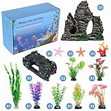 QZQ Aquarium Decorations Plastic Plants 14 PCS Fish Tank Plants Fish Tank Decorations Accessories Decor Set with Resinous Rockery Hideouts Coral Aquarium Plants and Resin Starfish