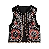 Loalirando Women Retro Floral Embroidery Waistcoat Vest Top Sleeveless Open Front Flowers Pattern Bohemian Cardigan Boho Vintage Gilet Crop Tops (Black 1, L)