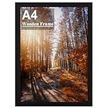A4 Picture Frame, Wooden Photo Frame, Versatile Black Frame with Safe Perspex Front & Wall Hanging Hooks - For Display, Landscape or Portrait Orientation, Wall-Mount & Desk Stand