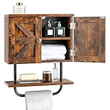 COSTWAY Bathroom Wall Cabinet, Wooden Storage Cupboard with Double Door, Open Shelf & Towel Rack, Wall Mounted Medicine Cabinet Organizer Unit for Kitchen, Living Room and Hallway (Rustic Brown)
