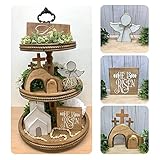 PETSBURG Jesus Tomb - Easter Tray Bundle Kit, Wooden Easter Jesus Sign Tiered Tray Decorations, Farmhouse Rustic Tiered Tray Items, Easter Decor Home Table Mantle Office