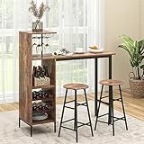 TANGZON 3 Pieces Bar Table Set, Steel Frame Dining Table and 2 Stools with Wine Racks, Glass Holders, Open Shelves & Footrest, Breakfast Dining Furniture Sets for Home Kitchen Pub Cafe (Rustic Brown)