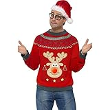 Smiffys Christmas Jumper, Red with Embroidered Badges & LED Lights, Christmas Adult Fancy Dress, Santa Dress Up Costumes