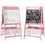 AIYAPLAY Art Easel for Kids, 3-in-1 Double-Sided Whiteboard/Blackboard Standing Easel with Paper Roll, Two Storage Boxes, Toddler Drawing Board for Ages 3-8 Years, Pink