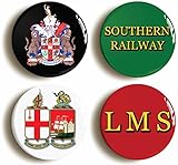 4 x BRITISH RAILWAYS BADGE BUTTON PINS (1inch/25mm diameter) LNER LMS SOUTHERN GWR