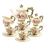 fanquare 15 Pieces British Royal Afternoon Tea Set, Floral Golden Porcelain Tea Cups and Saucers with Teapot, Elegant Wedding China Tea Service for Adults
