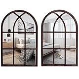 2Pcs Arched Window Mirror for Wall with Self-adhesive Vintage Rustic Acrylic Frame - Windowpane Decor for Living Room, Bathroom, Bedroom, Kitchen 27x42cm