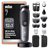Braun Series 7 All-in-One Grooming Kit for Men, 12-in-1 MultiGroom Beard Trimmer, Hair Clipper & Body Shaver, ProBlade, AutoSense, SkinGuard, Waterproof, 120 Min Cordless Use, AIO7545, Grey