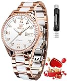 OLEVS Automatic Watch for Women Self Winding Mechanical Ladies Diamond Wrist Watch Luxury Dress Rose Gold Ceramic Watches for Women Love Heart Date