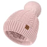 ECOMBOS Bobble Hat Women - Winter Hats for Women Warm Beanie Hat Knitted Wooly Hats Thermal Fleece Line with Pom Pom for Ladies Outdoor Ski Pink