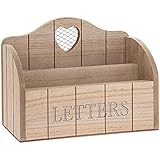 Natural Wood Finish Letter Rack With Contrasting Grey Letters Wording and Cutout Heart Detail, Twin Compartment Decorative Mail Organiser