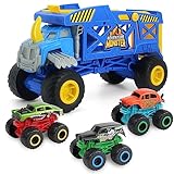 KARMOUNT Monster Trucks Monster Mover Rhino Toy Car Hauler, Monster Carrier Truck with 3 Mini Diecast Monster Trucks, Transport Car Toys with Super Ramp Lauch, Gift for Kids 3 Years & Up