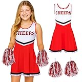 Girls Cheerleader Costume with Pom Poms - Kids Cheerleader Outfit for Girls Fancy Dress - Kids Cheer Leader Costume