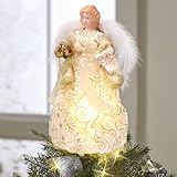 Longzhuo Angel Christmas Tree Topper - Fibre Optic Angel Decoration with Feather Wings, Light Up Xmas Topper, 30cm/11.8in (Gold-Warm Light)