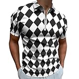 Black White Harlequin Print Polo Shirts for Men, Casual Short Sleeve Funny Golf Shirts for Men Dry Fit, Multicolor, Medium